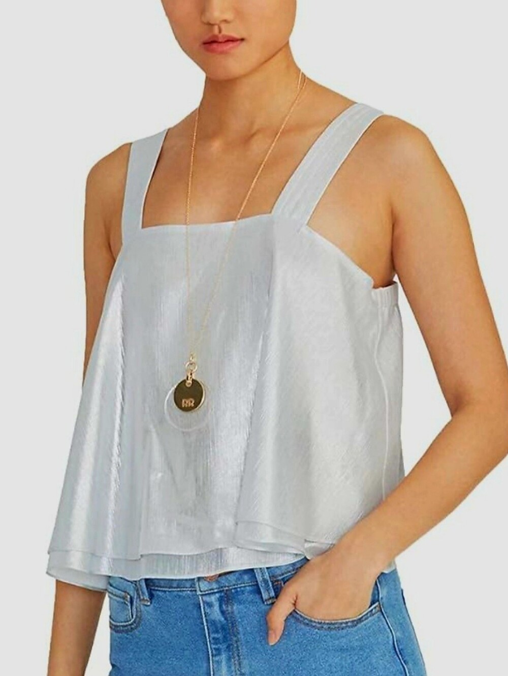 RACHEL Rachel Roy Women's Tosca Trapunto Light Silver Satin Tank Top Large
